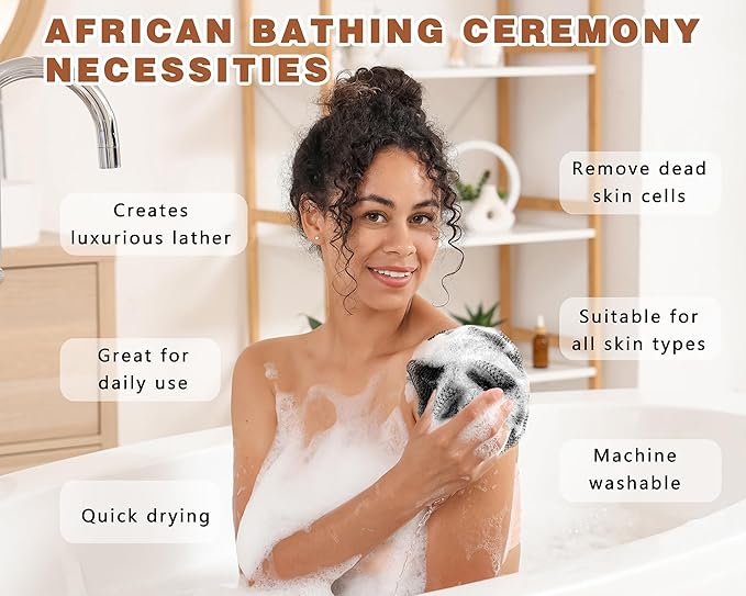 2 Pack African Net Sponge Exfoliating Body Scrubber Bath Sponge for Daily Use (Black+Dark Brown)