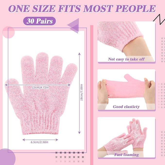 Ramede 30 Pair Exfoliating Glove Double Sided Exfoliating Bath Gloves Pack Nylon Colorful Shower for Men Women Beauty Spa Massage Shower Deep Clean Body Skin Bathing Scrubber Disposable(Pink)
