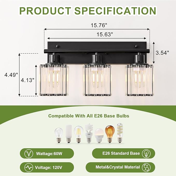 Bathroom Light, 3-Light Modern Crystal Vanity Light, Bathroom Lighting Fixtures Over Mirror Wall Sconces for Powder Room, Living Room, Bedroom, Hallway (Included 3 E26 Bulbs)