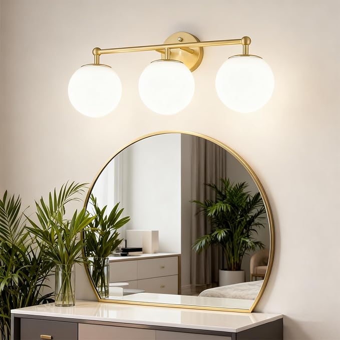AKEZON Gold Vanity Light for Bathroom, Modern Bathroom Light Fixtures Over Mirror Brushed Gold Vanity Lights 3-Light Wall Sconce with Milky Glass Globe Shade for Mirror Living Room Bedroom Hallway