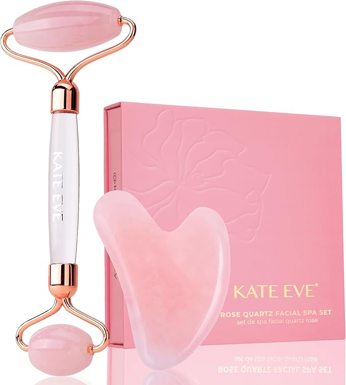 Kate Eve Rose Quartz Face Roller & Gua Sha Set – Luxury Facial Spa Gift for Mom | 100% Natural Brazilian Rose Quartz | De-Puffing Skincare Tool for Women