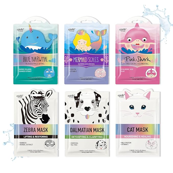 Epielle Character Face Mask Wave & Wild 6 Pack, Fun & Effective Korean Skin Care, Spa Party Favors, Mothers Day Gifts, Birthday Gifts for Women, Self Care Gifts