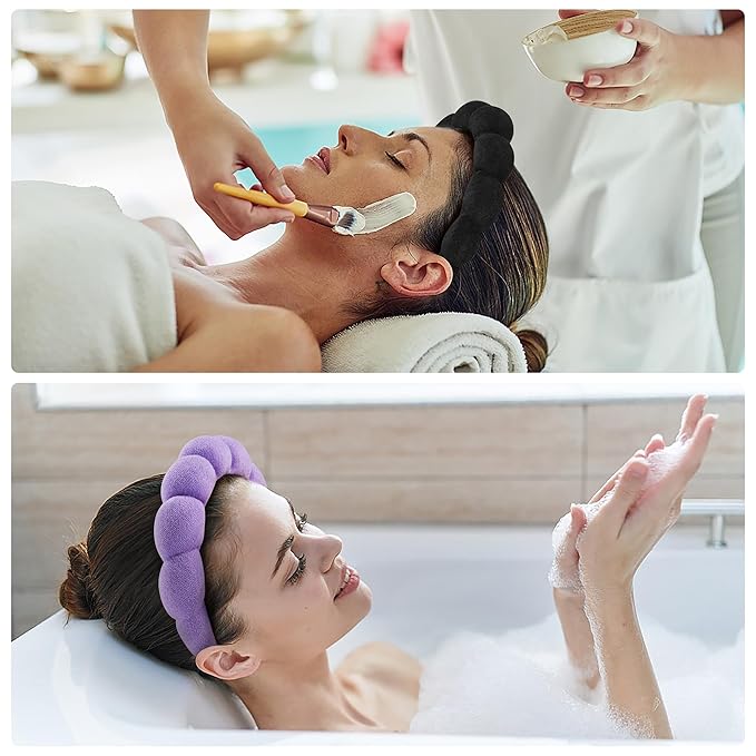 Ztomine Terry Cloth Spa Headbands for Washing Face or Facial, Set of 2, Black & Purple - Puffy Makeup Headbands for Face Washing, Mask, Skin Treatment