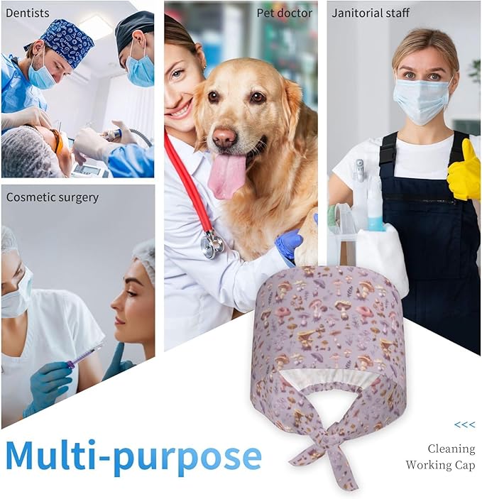 Scrub Cap for Women and Men Boho Black Leaf Pattern Adjustable Breathable Sweatband Hat for Work Kitchen Spa Shower Daily Use