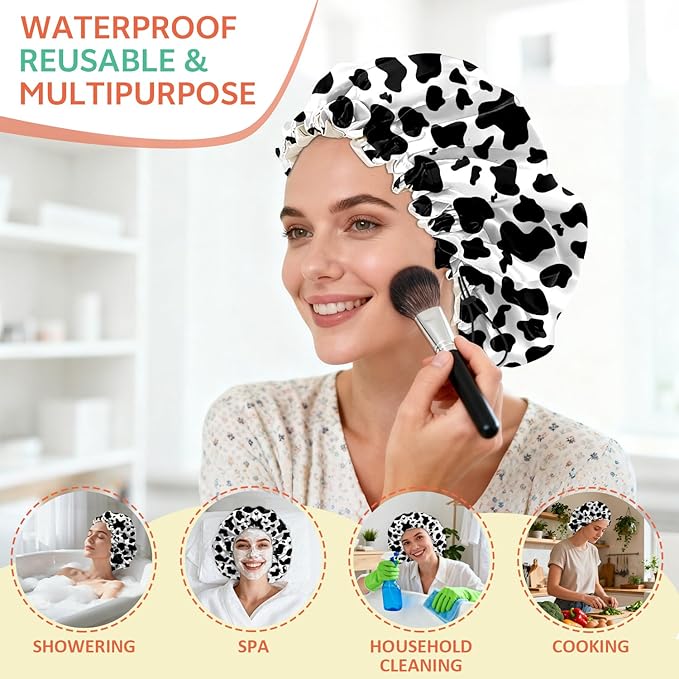 Shower Cap Reusable Double Layer Adjustable Elastic Waterproof EVA Hair Bath Caps for Women Girls Cute Aesthetic-Cow Leopard