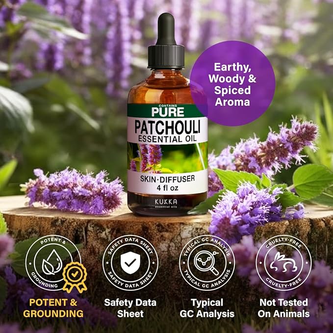 100% Pure Patchouli Oil - 4 Fl Oz Patchouli Essential Oil for Hair, Skin, Diffuser, Aromatherapy & DIY Soap Making Scent