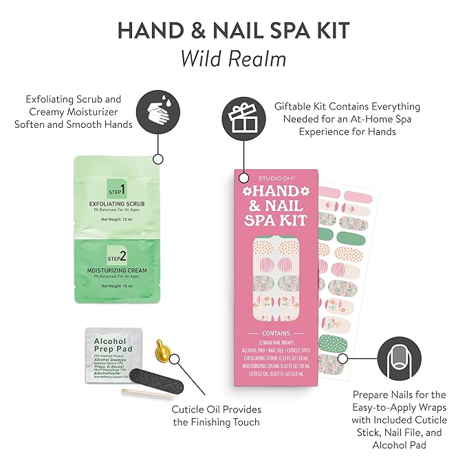 Studio Oh! Hand & Nail Spa Kit, Mini Nail Kit with 22 Nail Wraps, Exfoliating Scrub, Moisturizing Cream, Cuticle Oil & Tools, Girls Spa Kit, Travel Manicure Kit for Women & Girls (Wild Realm Design)