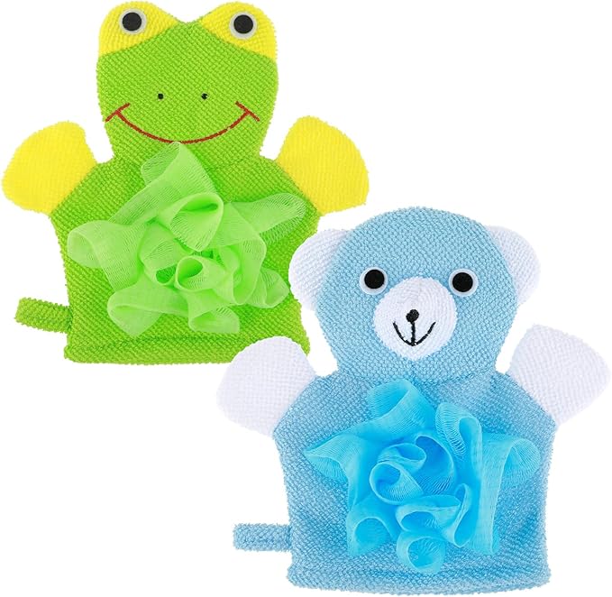 Cute Bath Gloves Loofah - 2 PCS Kids Animal Bath Gloves Body Scrubber, Double-Side Exfoliating Shower Sponges, Washcloths Mitts for Gentle Soft and Easy to Lather (Bear Frog)