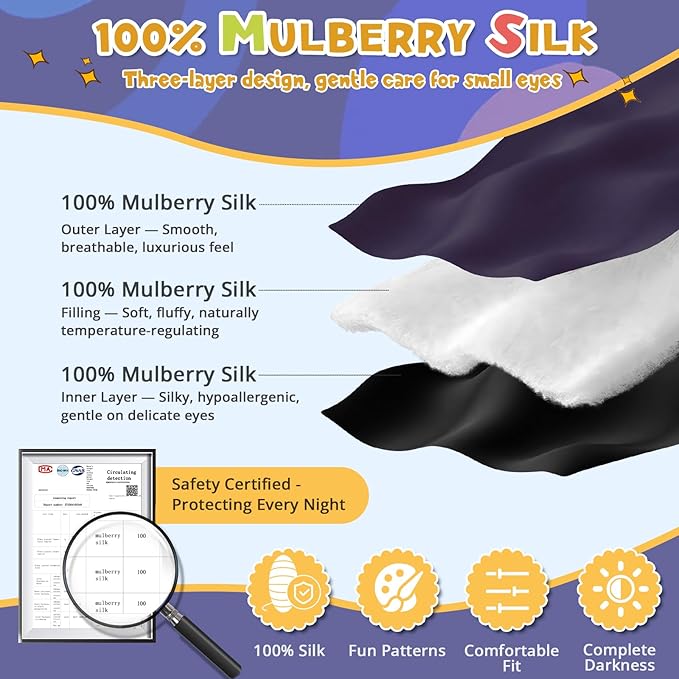 Silk Kids Sleep Mask: 100% Mulberry Silk Eye Mask, Sleeping Masks with Adjustable Strap, Soft & Light-Blocking Printed Kid Eye Cover for Boys Girls Teens Aged 5-15 (Space Cat Theme)