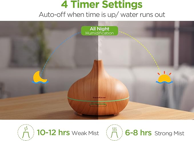 InnoGear Aromatherapy Diffuser & 10 Essential Oils Set, 400ml Diffuser Ultrasonic Diffuser Cool Mist Humidifier with 4 Timers 7 Colors Light Waterless Auto Off for Mother's Gift, Yellow Wood Grain