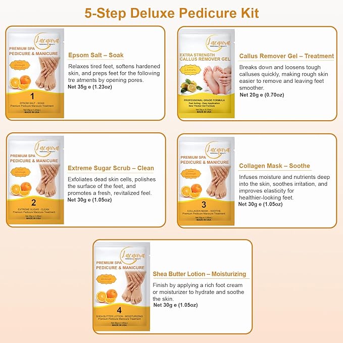 Deluxe Pedicure Kit 5 Step Spa Set – Epsom Salt Soak, Callus Remover Gel, Sugar Scrub, Collagen Mask & Shea Butter Lotion – Professional At Home Foot Care (Orange, 09 Sets)