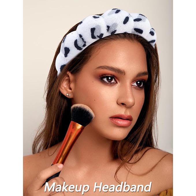 6 Pcs Elastic Microfiber Spa Headband Set for Women - Makeup, Skincare, Face Wash Wristbands, Beauty. (White spots)