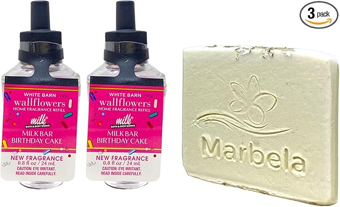 Bath & Body Works Milk Bar Birthday Cake 2 Wallflowers Home Fragrance Refill Bulbs with a Natural Oats Sample Soap