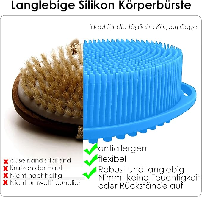 RamPula Silicone Body Scrubber, Silicone Loofah, Quick-Dry Exfoliating Body Brush for Wet or Dry Brushing, More Hygienic Than Traditional Loofah, Long-Bristle Brush, Navy Blue and Pink
