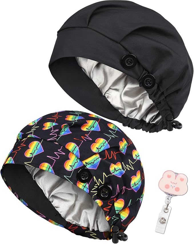 2 Pack Satin Lined Bouffant Scrub Caps with Buttons, Adjustable Scrub Caps for Women Men