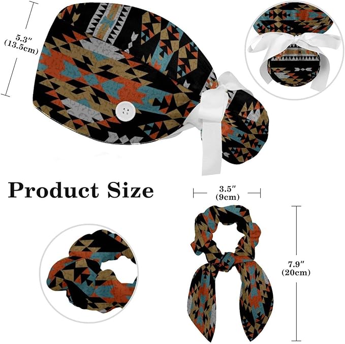 Ethnic Aztec Pattern Adjustable Scrub Cap Hat with Button, Working Hat Sweatband with Bow Hair Scrunchy for Woman