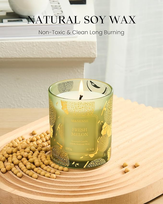 M&SENSE Naturally Scented Vegan Soy Candles, Fresh Melon Scented Candles, 8.1oz Long Burning 42-Hour Burn Time,Home Fragrance for Air Purifying, Relaxing, Gift Ideas for Moms & Dads