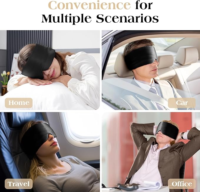 100% Mulberry Silk Sleep Mask, Comfortable Soft for Deep Sleeping, Blackout Effect, Adjustable Length, Eye Masks for Sleep Women and Man, Travel&Office&Daily use (Black)
