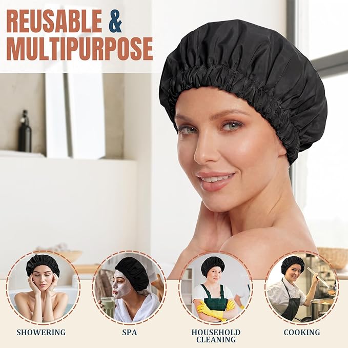Reusable Shower Cap for Women, Large Waterproof Shower Bonnet with Elastic Band, Washable Bath Hair Cap for Long, Curly Hair, Braids, Daily Shower, Home Spa, Travel(Black)