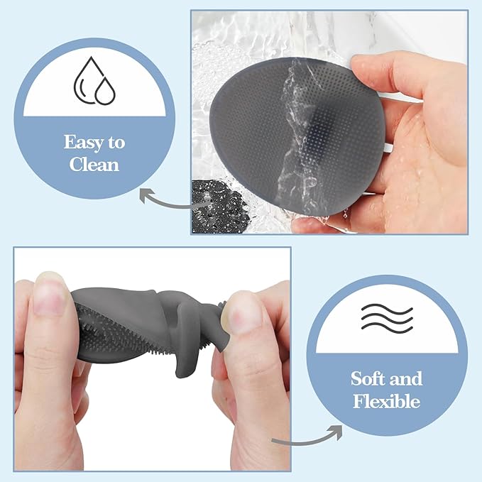 Manmihealth Silicone Back Scrubber & Soft Shower Face Brush Set 4 PCS(Thin Bristles), Super-Cleansing Body Scrubber & Strong Lathering Power Bath Glove Combination (Gray)