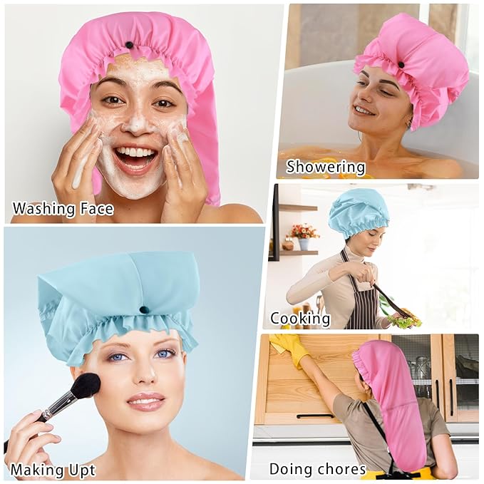 2 Pcs Large Shower Cap for Braids, Extra Long Shower Cap for Women Long Hair & Locs, Waterproof Hair Bonnets for Dreadlocks Drawstring Bath Caps for Women & Men (Pink, Light Blue)