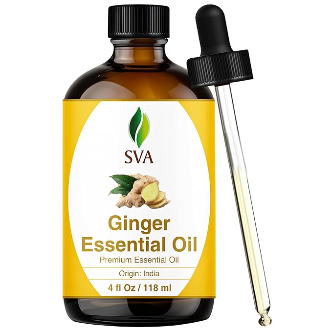 SVA Ginger Essential Oil – 4 Fl Oz – 100% Natural Ginger Oil - for Diffuser, Hair Care, Face, Skin Care, Aromatherapy, Scalp and Body Massage, Soap and Candle Making – with Dropper