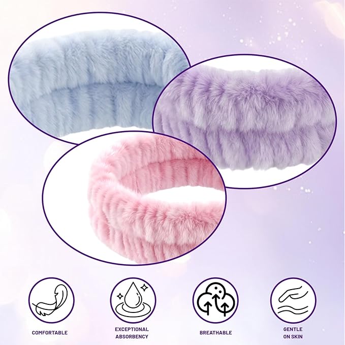 3 PCS Spa Headbands for Women - Terry Cloth Makeup Headbands, Make Up Headband Hair Headband for Face Washing, Soft Puffy Terry Cloth Head Band Wrap for Women Yoga Sports Shower Exercise