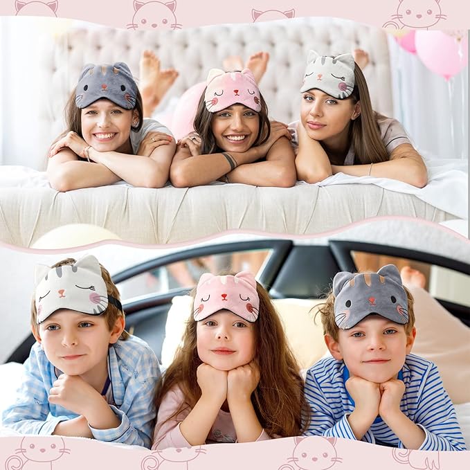 Haysandy 3 Pieces Sleep Mask for Kids Girls Cute Cat Sleeping Eye Cover Soft Mask Comfortable Funny Animal Night Eye Blindfold Cover for Kids Girls Women Home Travel(Cat)