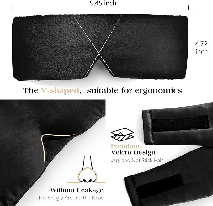100% Mulberry Silk Sleep Mask, Comfortable Soft for Deep Sleeping, Blackout Effect, Adjustable Length, Eye Masks for Sleep Women and Man, Travel&Office&Daily use (Black)