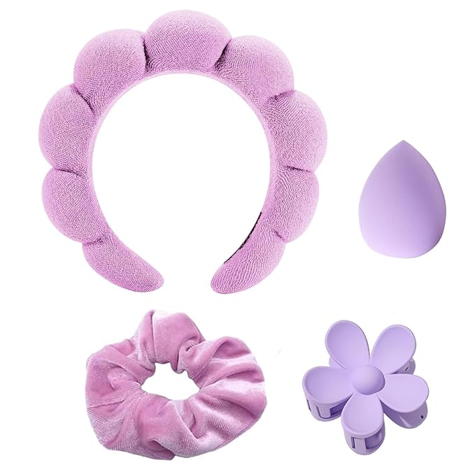 4 Pcs Skincare Headband Set, Face Washing Headband with Wristbands, Hair Claw Clips & Hair Ties, Spa Headbands for Women Girls, Perfect for Facial, Makeup, Shower, Gift Ready Box