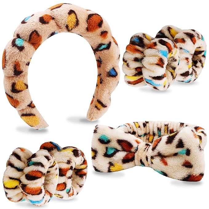Velscrun 6 Pack Spa Headband, Makeup Headband, Face Wash Headbands, Skincare Headbands, Sponge Hair Band Bow Tie Spa Head Band for Washing Face Wristband Set Hair Accessories for Women Gifts Leopard D