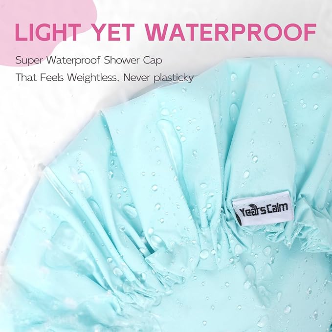 Years Calm Shower Cap for Women Waterproof Reusable – 27g Ultra Lightweight Double-Layer Shower Bonnet, Secure Fit for Long, Curly Hair, Travel & Spa (Blue)