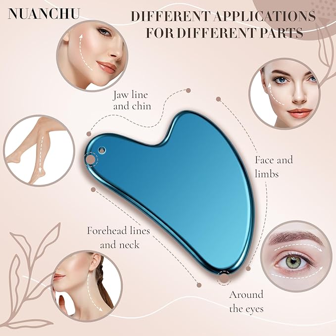 Nuanchu Stainless Steel Gua Sha Facial Tool, Metal Gua Sha for Lymphatic Drainage, Guasha Face Sculpting Double Chin Reduce with Pouch Mother Day Self Care Gift(Blue)