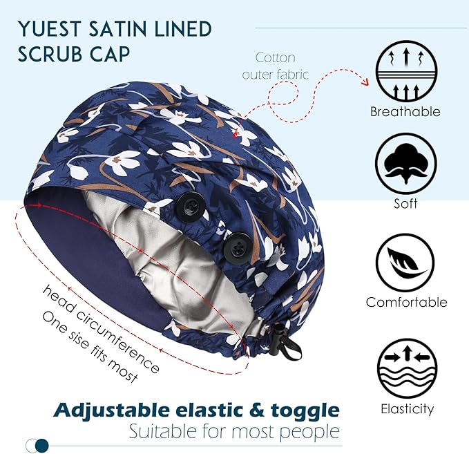 2 Pack Satin Lined Bouffant Scrub Caps with Buttons, Adjustable Scrub Caps for Women Men