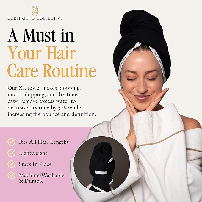 Curlfriend Collective Cotton Cloud T-Shirt Hair Towel Duo – Black to Basics Hair Towel Wrap for Women, XL + Mini Hair Drying Towels for Curly Hair, No-Slip Plopping Towel, Ultra Absorbent Cotton