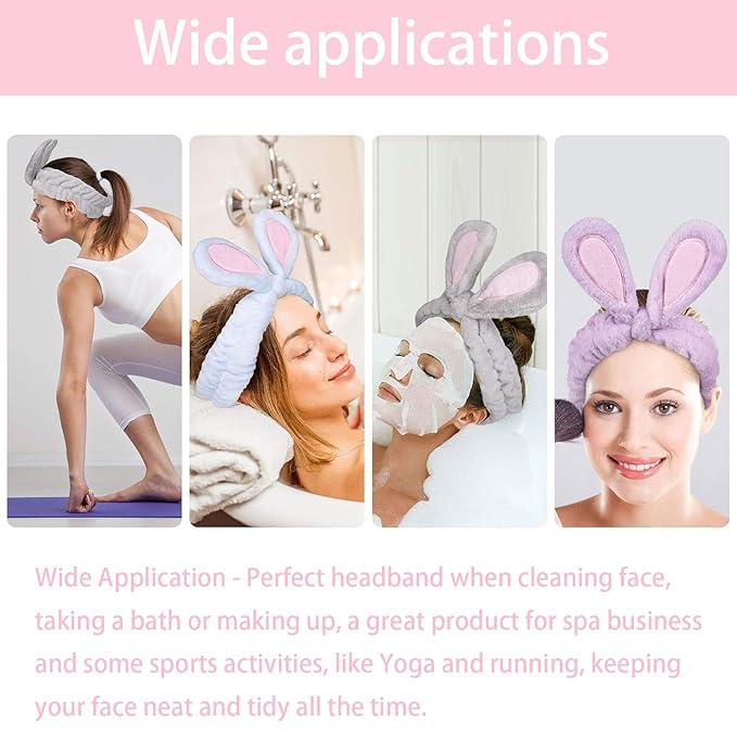 musejoy 2 Pcs Headband Bunny Ears Headband, Cute Spa Headbands for Washing Face Skincare Makeup Headbands for Women Girls Trendy Stuff Present Soft Coral Fleece Hair Accessories(Blue+Dusty Pink)