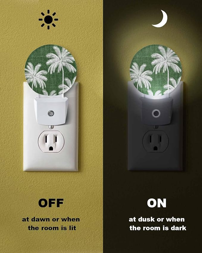 Night Lights Auto Sensor Tropical Palm Trees Night Light Forest Green Linen Coastal Round Lamp Plug-in LED Nightlights Dusk to Dawn for Living Room Bedroom Bathroom Hallway Wall Decor