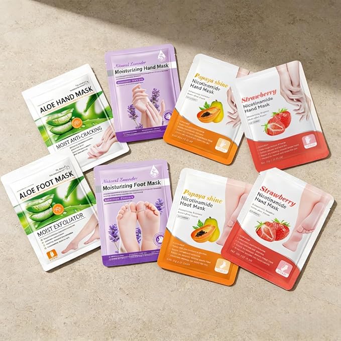 Hand & Foot Mask Set (8 Packs) - At-Home Hand & Foot SPA | Aloe/Lavender/Papaya/Strawberry + Nicotinamide Masks: Hydrating for Dry Skin, Reducing Roughness