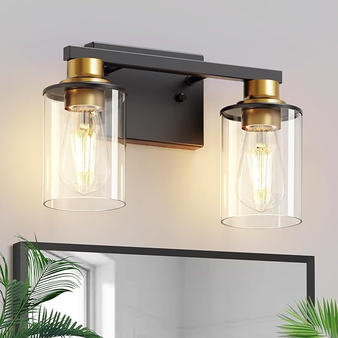 L LOHAS LED 2 Light Bathroom Vanity Light, Black and Gold Vanity Light with Clear Glass Shade, Black and Gold Light Fixtures, ETL Listed
