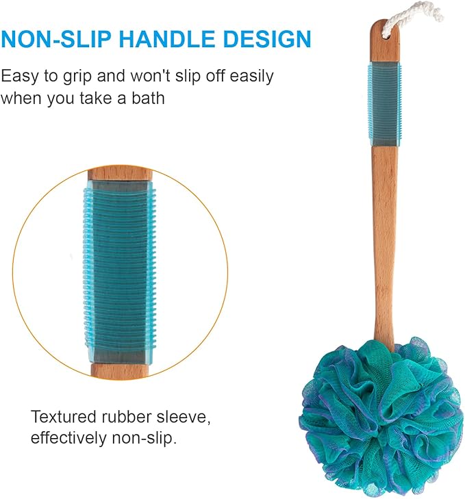 AmazerBath Shower Sponge Loofah Back Scrubber, PE Soft Mesh Loofah Body Scrubber with Long Wooden Handle, Bath Sponge for Men Women (Green)