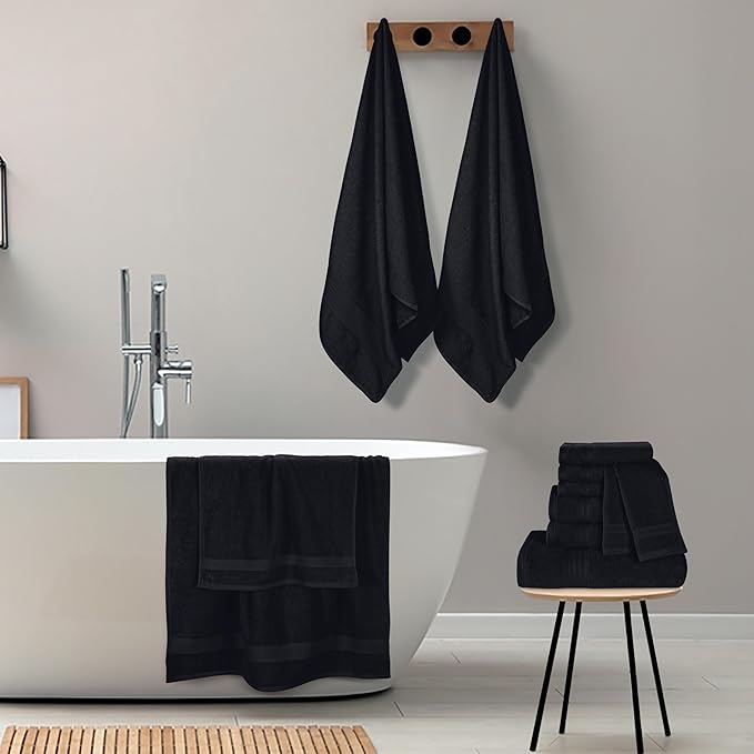 GLAMBURG Ultra Soft 24-Piece Towel Set - 100% Pure Ringspun Cotton, Contains 8 Oversized Bath Towels 27x54, 8 Hand Towels 16x28, 8 Wash Cloths 13x13 - Ideal for Everyday use, Hotel & Spa - Black