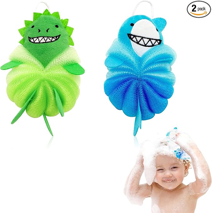 Kids Loofah & Bath Sponge, 2 Pack Loofah for Kids with Dinosaur & Shark, Gentle Baby Sponge for Bathing, Toddler Mesh Pouf for Bath Time, Soft Body Scrubber for Boys & Girls