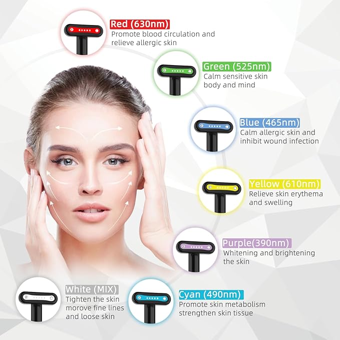 Fxtiaa Led-Light-Therapy, 7 Color Face Skincare Wand with Facial Massager LED Face Skin Rejuvenation for Face & Neck & Eye Skincare Equipment Red Light Wand
