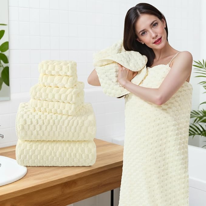 REDKISS Cream Microfiber Towels Set of 6-35x70 Inches Oversized Bath Sheets, Extra Large Bath Towels Set of 6, Super Soft Quick Dry Lint Free Absorbent Waffle Microfiber Shower Towels