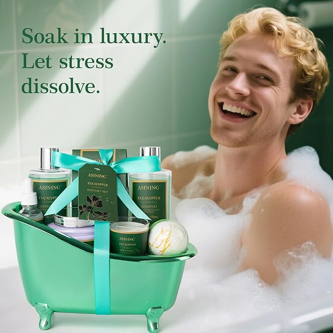 Home Spa Gift Basket - Eucalyptus- Luxurious 9pc Bath & Body Set For Men & Women, Contains Shower Gel, Shampoo, Scents Lotion, Body Oil, Bath Salt, flowers Bath Bomb, Spa Basket