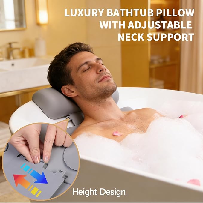 4D Silicone Bath Pillow for Tub, Upgraded Adjustable Bathtub Pillow Head Neck Back Support with Suction Cups, Quick-Dry and Non-Slip Bath Pillow Luxury Bathtub Pillow, Spa Gifts for Women, Mom (Grey)