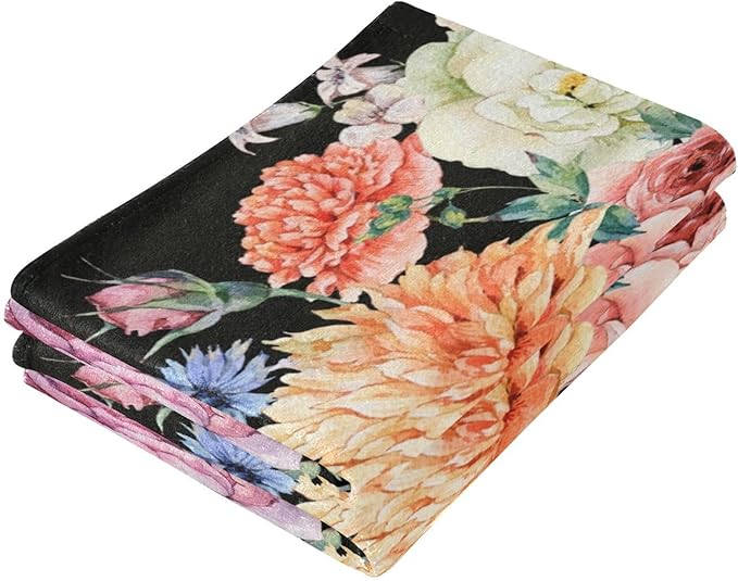Peony Floral Black Hand Towels for Bathroom Set of 2,Vintage Blooming Flower Butterfly Bouquet Decorative Bathroom Towels for Bath,Face,Hair,Soft Absorbent Dish Towels for Kitchen 28"x14"