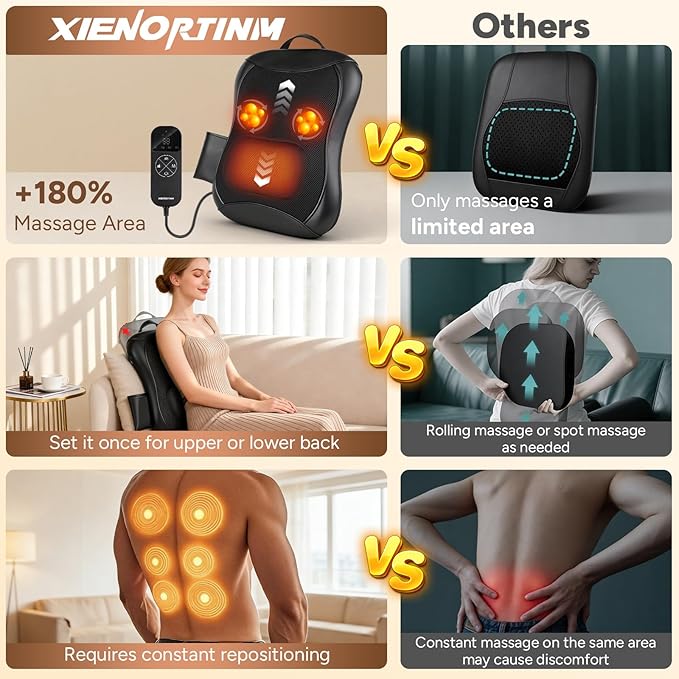 Back Massager with Heat, 4D Rolling Massage Nodes for Upper & Lower Back Pain Relief, 4 Modes & 2 Speeds Deep Tissue, Includes Car Adapter for for Car Office Home & Travel