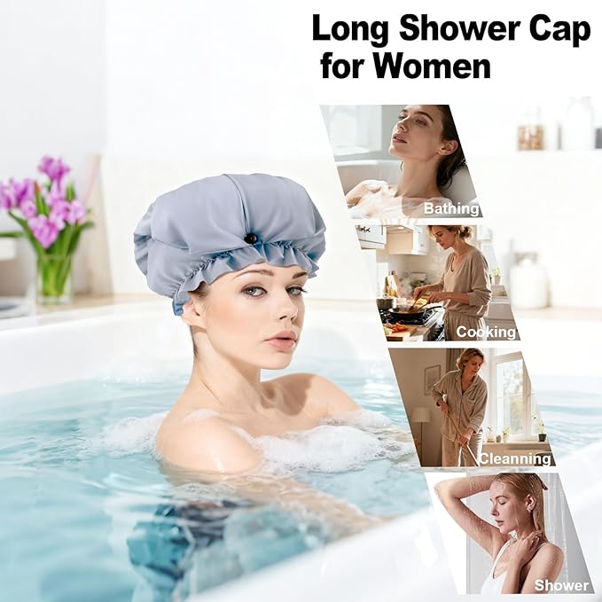 ELEBOX Extra Large Shower Cap for Braids/Curly Hair/Dreadlock | Reusable Waterproof Long Bonnets for Women Bath/Swim/Cooking/Cleaning/Spa | XL Bathing Cap with Adjustable Drawstring & Button, Grey