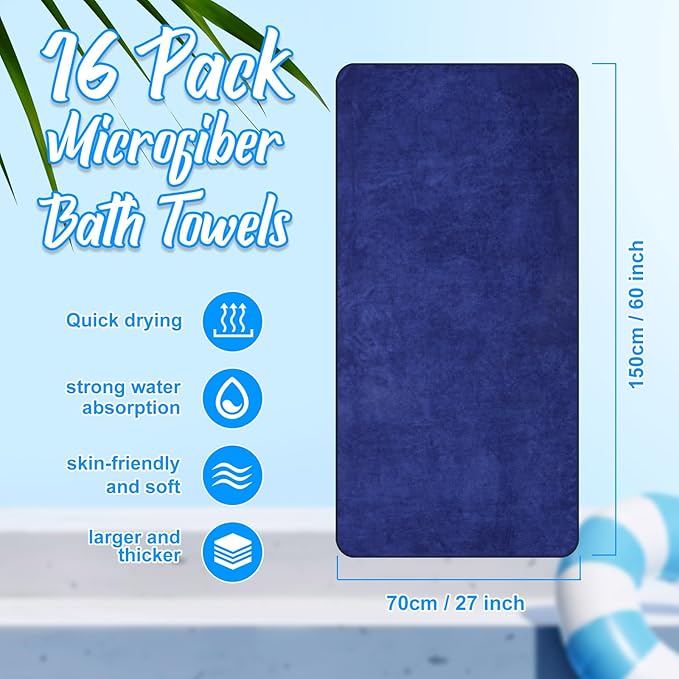 SmoothNovelty 16 Pack Microfiber Bath Towels Bulk 27'' x 60'' Oversized Beach Towel Highly Absorbent Extra Large Soft Drying for Shower Pool Salon Sauna Bathroom Gym Party (Simple,Navy Blue)